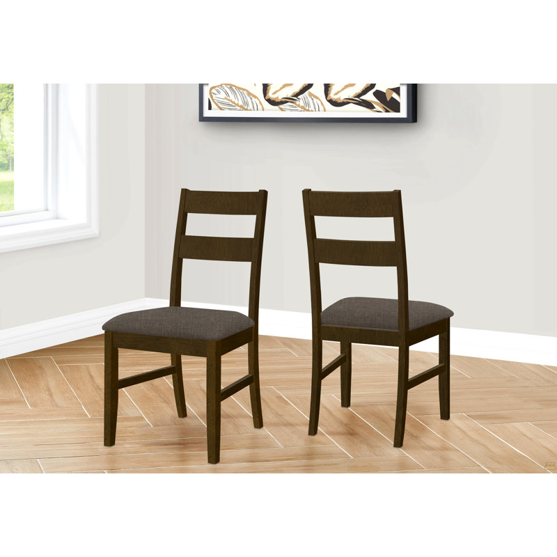 Chaise de salle à manger, hauteur 37 po, ensemble de 2, rembourrée, latérale, salle à manger, cuisine, bois massif brun, tissu brun, transitionnel