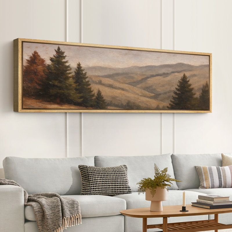 Vintage Pine Tree Mountain Landscape Artwork Extra Large Pictures Framed Canvas Print Wall Art, 20" H x 60" W, Natural