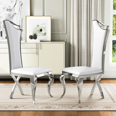 Upholstered High-Back Dining Chair with Cabriole Legs, King Louis Style Armless Side Chair with Stainless Steel Fr