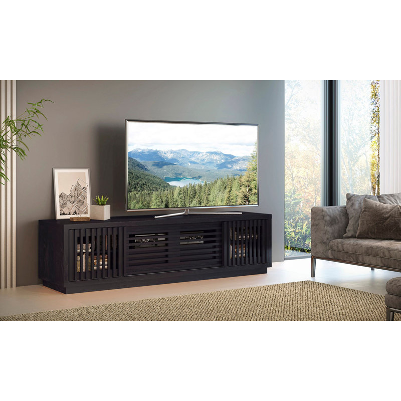 70" Contemporary Rustic TV Stand Media Console For Flat Screen And Audio Video Installations In American Red Oak With A Matte Ebony Finish