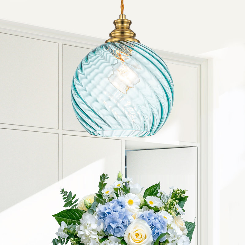 Hand-Blown Spiral Blue Glass Pendant Light - 1-Light Brass Fixture, Adjustable 10''-89'', Modern Kitchen Island Lighting