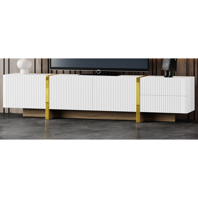 Meuble télé moderne pour téléviseur de 80 po avec 3 portes, console multimédia, centre de divertissement avec grand meuble de rangement pour le salon et la chambre à coucher