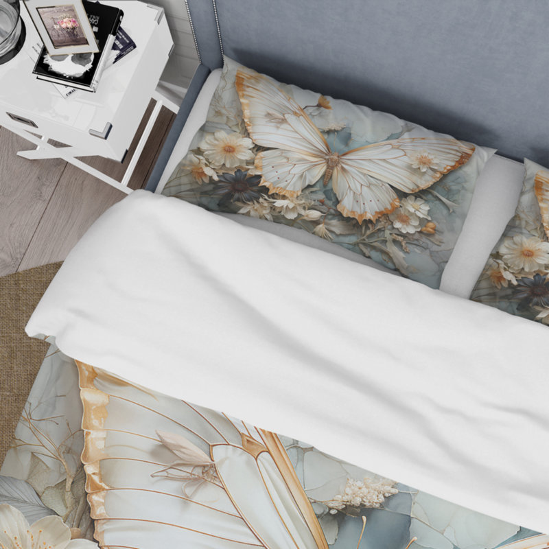 Ensemble de housse de couette en microfibre / polyester à motif de papillons blancs et gris