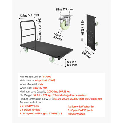 Heavy Duty Platform Truck, 48" L x 24" W x 32.1" H, Alloy Steel,  Industrial Flatbed Push Dolly, Black, 2000 lbs Capacity