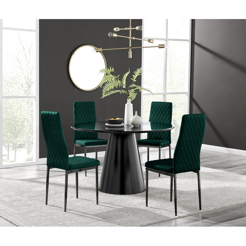 Beca Statement Pedestal Round Dining Table Set & 4 Luxury Velvet Dining Chairs, Green/Black, Black