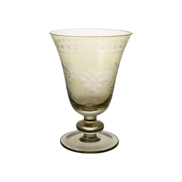 Etched Green Glass Stemmed Wine Goblet