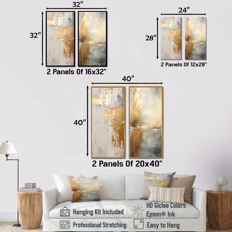 «Modern Coastal Beige And Gold River - Coastal Ocean», ensemble de 2 impressions sur toile, Cadre flottant doré