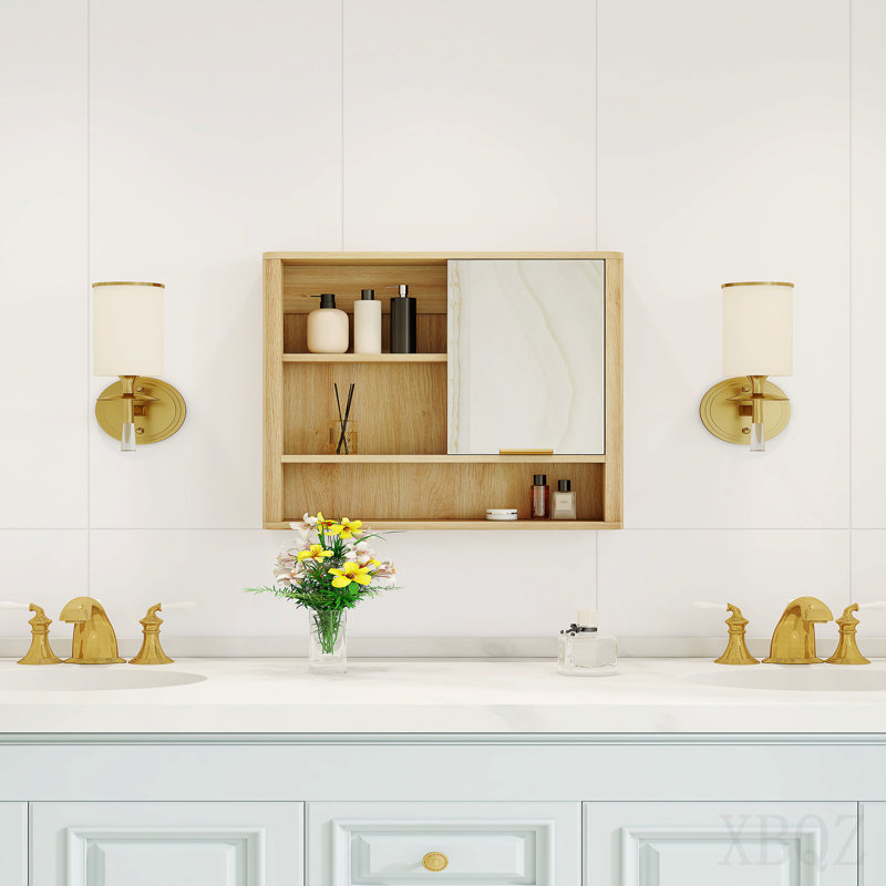 Natural Wood Finish Wall Mounted Mirror Cabinet, Mdf Bathroom Storage Organizer With Open Shelves & Single Door For Bathroom, Vanity, Laundry Room