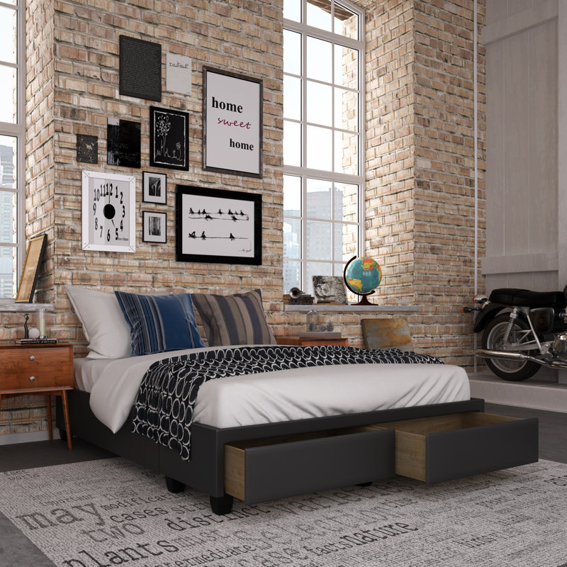 Parma Upholstered Faux Leather Platform Storage Bed, Black, Queen
