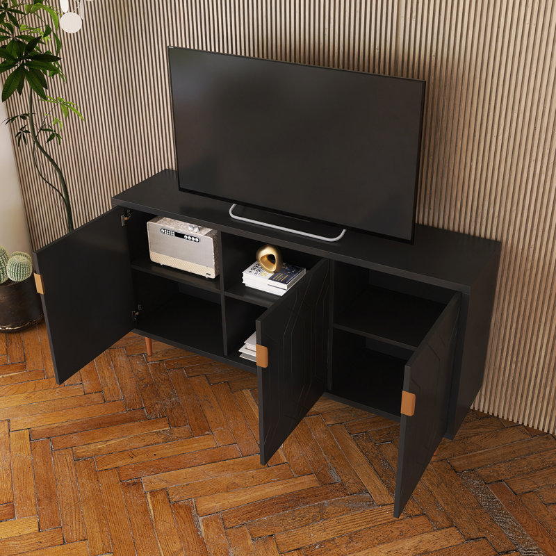 Meuble télé moderne avec 3 portes et tablettes réglables, Noir, noir, noir, noir