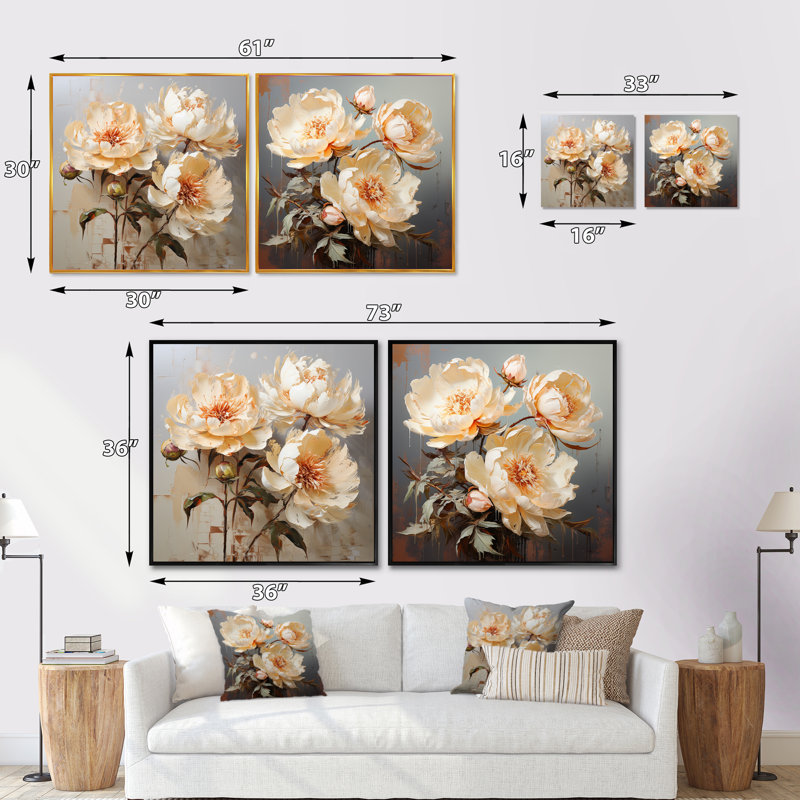Soft Peony Embrace - Ensemble de 2 pivoines carrées, Cadre flottant brun, H 30 po x l 61 po