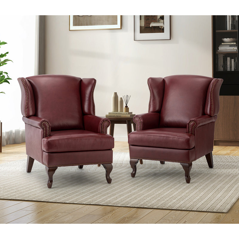 Anapatricia 32.5'' W Genuine Leather Wingback Armchairs, Burgundy Top Grain Leather