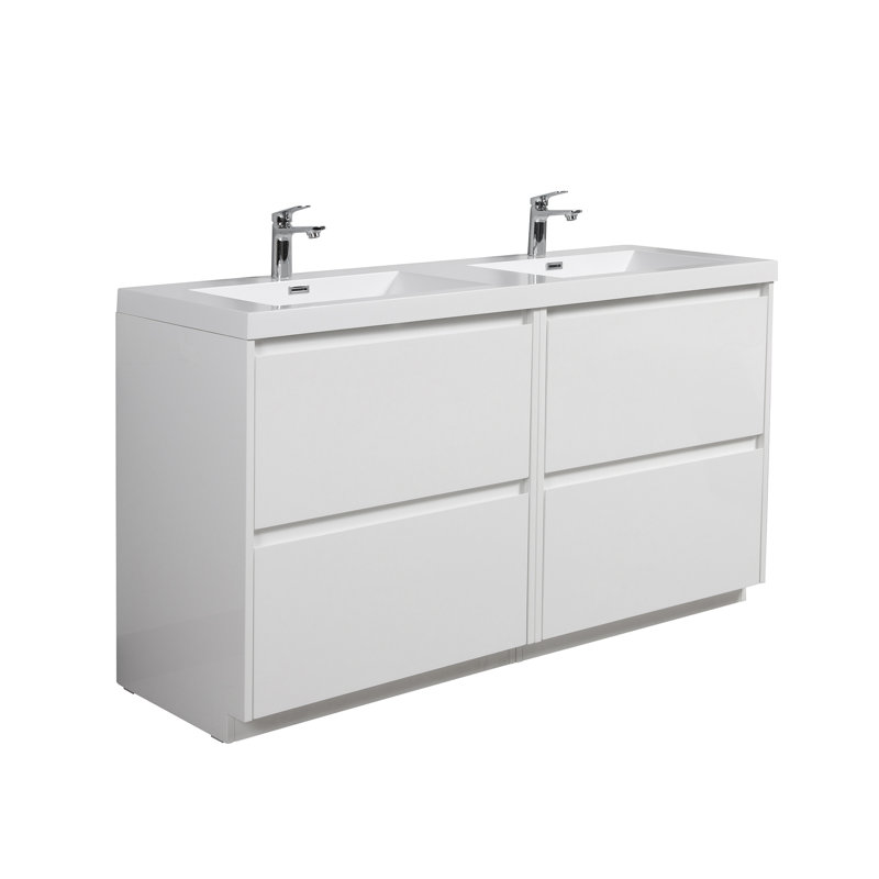 Meuble-lavabo double autoportant 59 po avec plateau en résine 59 po, Blanc