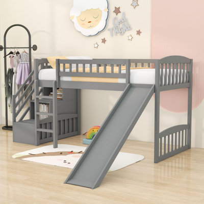 Wood Twin Loft Bed with Storage Stairs and Slide
