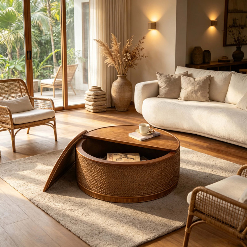 Table basse ronde en rotin avec rangement amovible, garniture en corde de chanvre tissée à la main, style boho-chic, parfaite pour les salons confortables et les espaces compacts