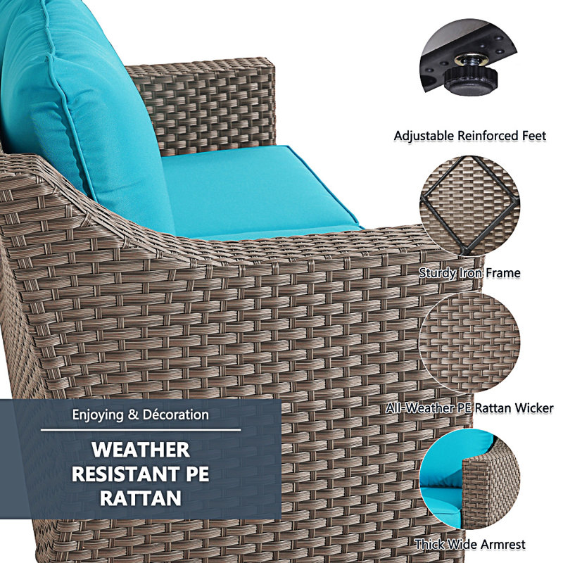 Outdoor Brown Wicker PE Rattan Patio Sofas Double Couch Set With Coffee Table Couch Cushion, Blue