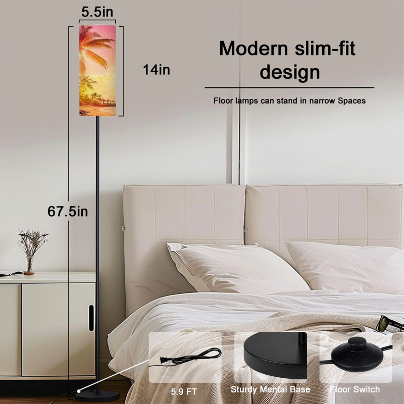  68.5" Standing Floor Lamp Tropical palm tree colorful bokeh sun light sunset sky cloud abstract Dimmable Metal Pole Lamp with Linen Lampshade LED Bulb Included