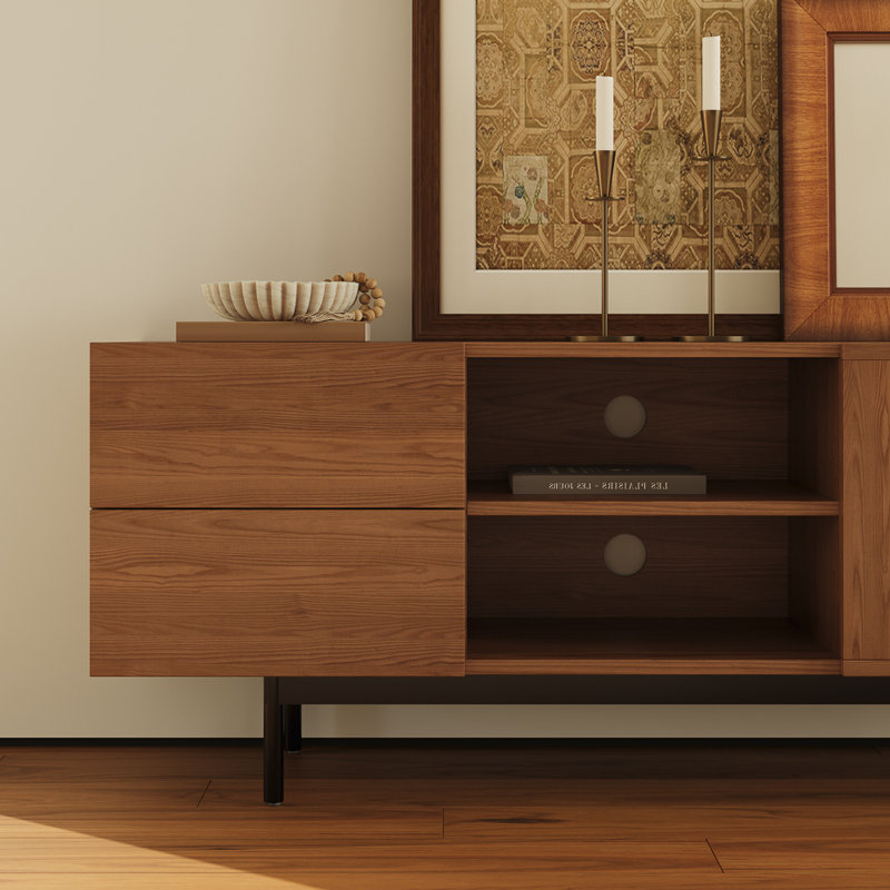 Meuble télé de style Mid-Century moderne, système de divertissement en bois à persiennes avec portes à lattes, rangement ouvert, 70,87 po