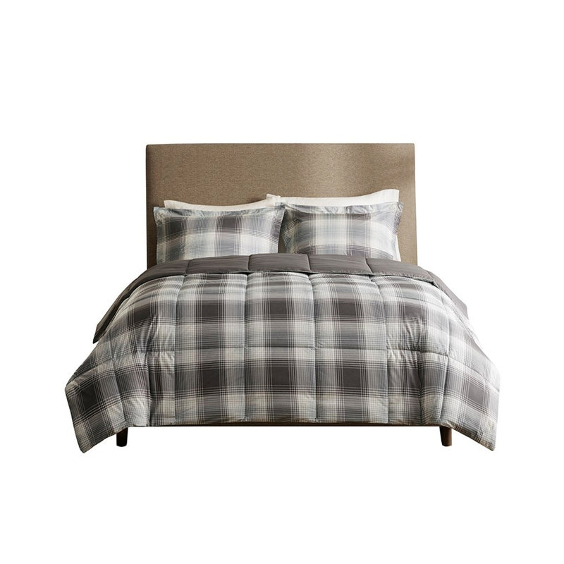 Édredon double / grand double - Tissu écossais gris et 2 taies décoratives assorties
