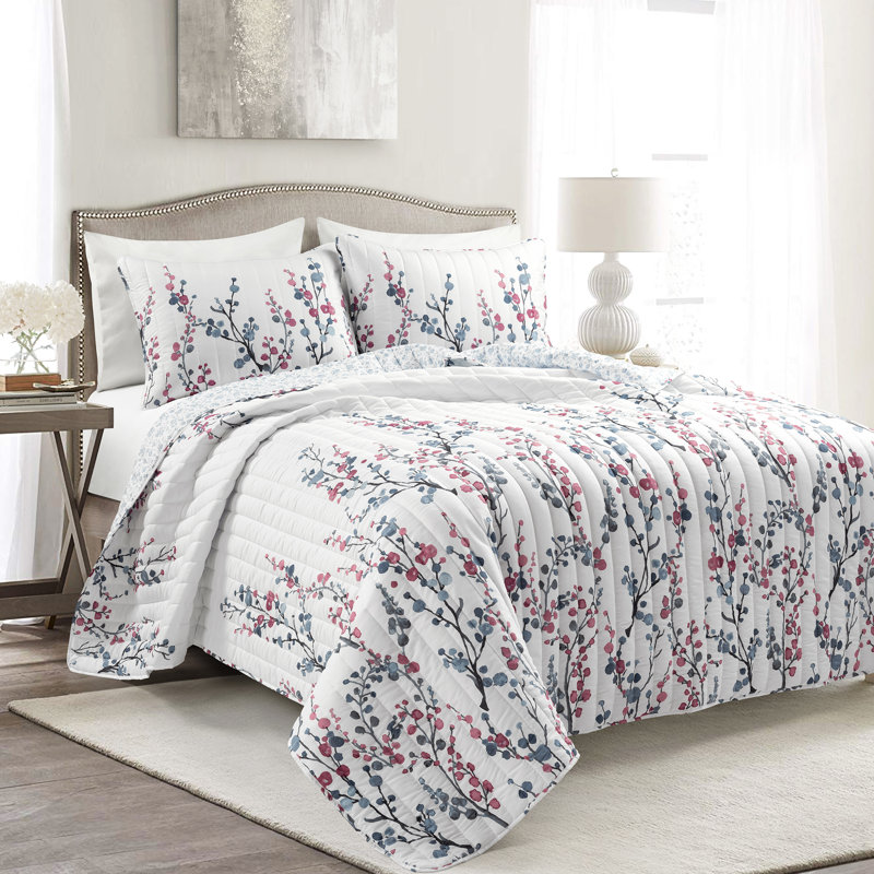 Blue/Coral Microfiber Reversible 3 Piece Quilt Set, Queen