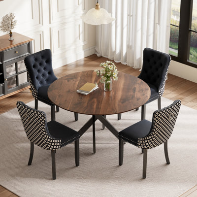 Round Wood Dining Set with Tufted Dining Chair