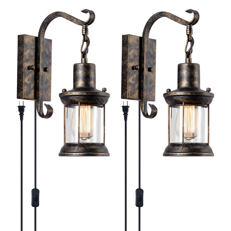 Rustic Wall Lamps, Lantern Wall Sconce Plug In Oil Rubbed Bronze Antique Wall Sconce Fixtures Farmhouse Interior Wall Lighting (2 Pack)