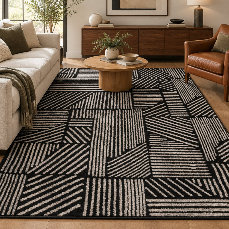 Tapis géométrique noir / ivoire Rambo, Black, Rectangle 5 pi x 7 pi