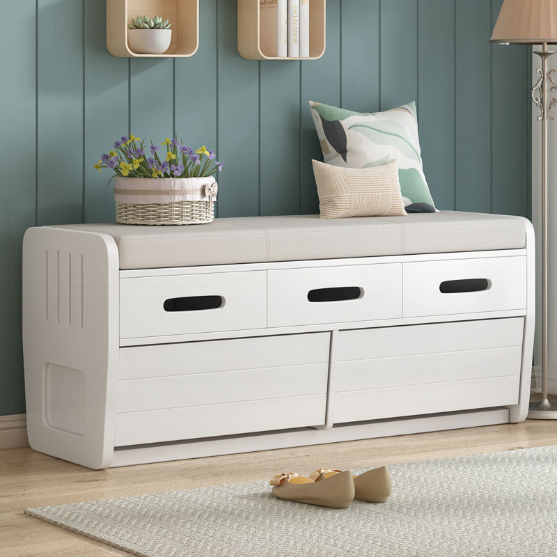 Rustic Storage Bench with 2 Drawers, Hidden Storage Space, White