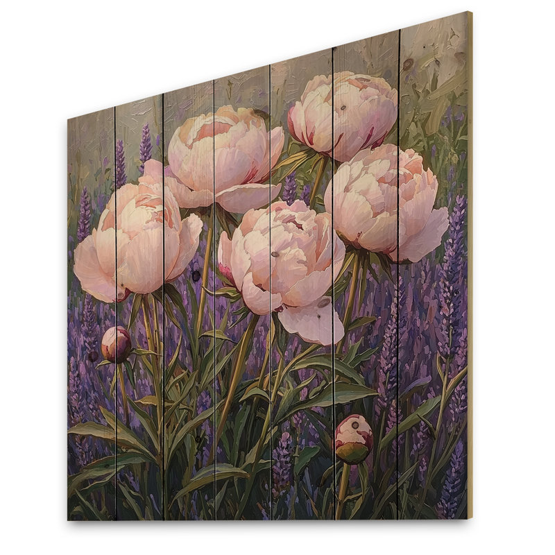 Pivoines dans le jardin de lavande - impression de pivoines sur bois de pin naturel, H 36 po x l 36 po x P 0,78 po