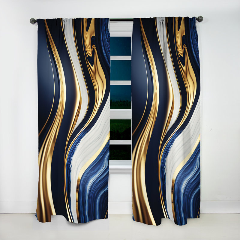 Abstract Geode Waves Blue And Gold V - Modern Curtain - Velvet Room Darkening - 1 panel, 52" W x 84" L
