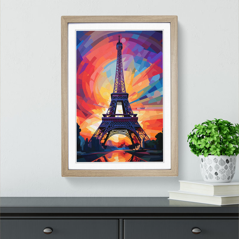 Eiffel Tower Futurism - Single Picture Frame Print on Wood, Oak Framed, 34cm H x 25cm W