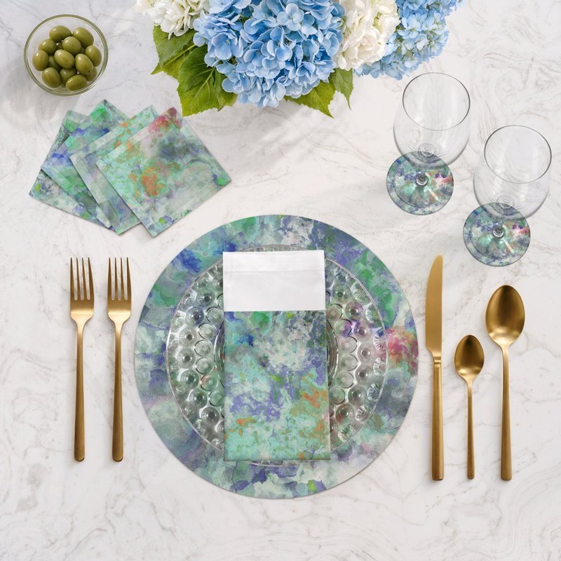 Impressionism Vegan Leather Round Placemats, Green