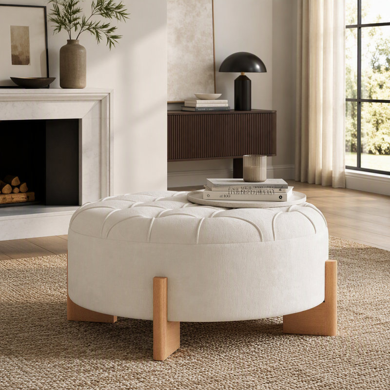 Upholstered Chenille Footstool, Beige