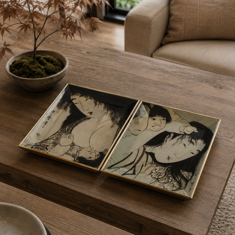 Decorative Serving Tray , Japanese Black And White Glass Print