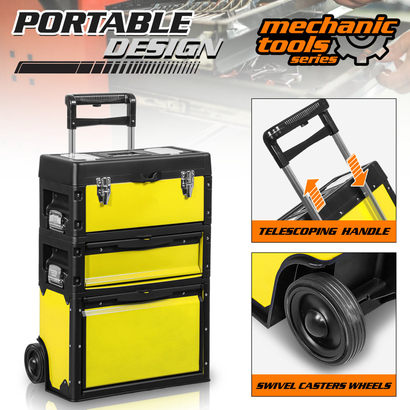 3-In-1 Stackable Tool Box With Wheels, Rolling Hand Case Tool Box Trolley Chest Cabinet With Drawer, Yellow