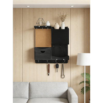 Wall Mounted Key Holder And Mail Organizer With Chalkboard, Corkboard, Storage Shelf, And Drawer For Entryway Organization