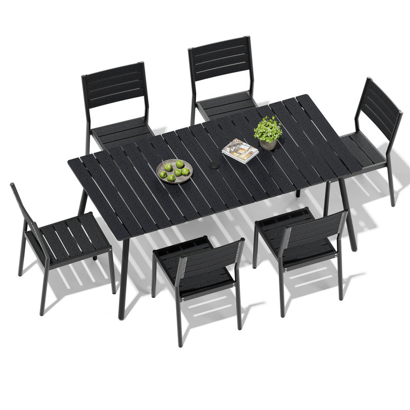 6-Person 70.87''LX33.07''W Outdoor Dining Set with Aluminum Frame, Umbrella Hole and Armless Chairs, Black