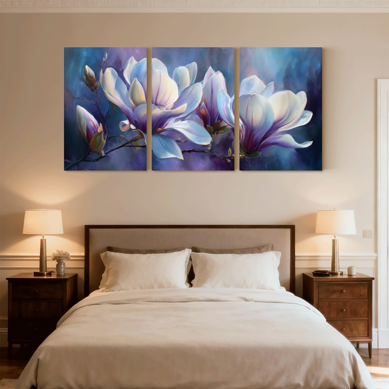 Plantes et fleurs fleurs de magnolia sur fond foncé avec ensemble de 3 impressions murales sur toile, H 24 po x l 48 po