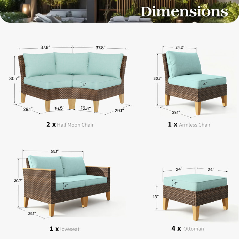 Ensemble de conversation modulaire d'extérieur en osier avec coussins 11 pièces Shutesbury, Bleu