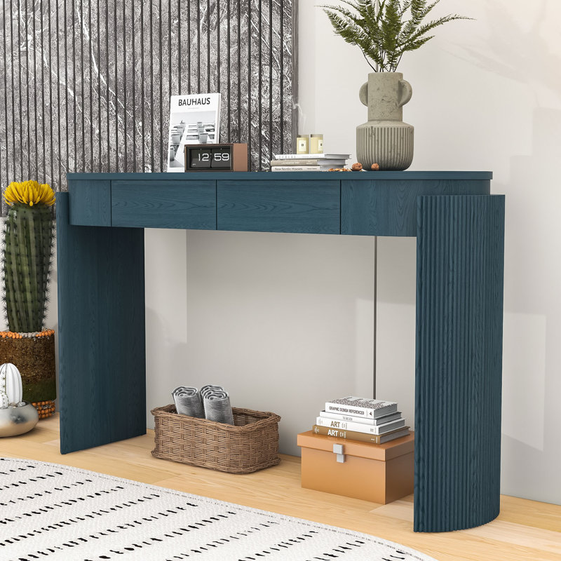 Elegant Oval Entryway Table with Wood Grain Finish and Storage, Navy