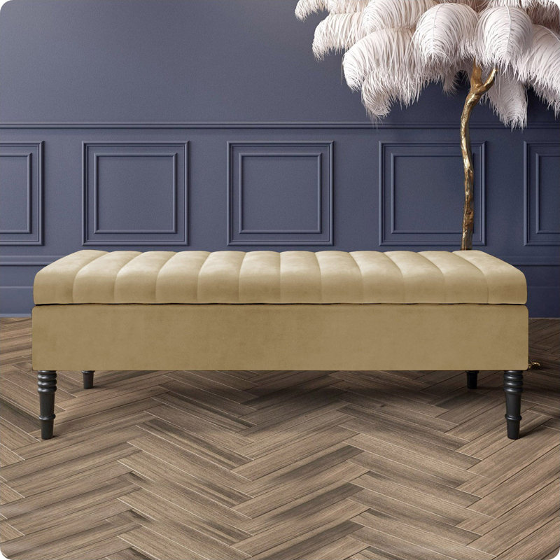 Safar Striped Ottoman Storage Bench – Upholstery Plush Velvet Shoe Bench with Black Turned Wooden Legs, Mink