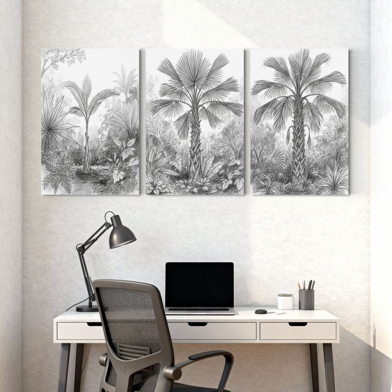 Palmiers tropicaux, forêt tropicale, ensemble de 3 impressions sur toile, reflet noir et blanc, H 18 po x l 36 po