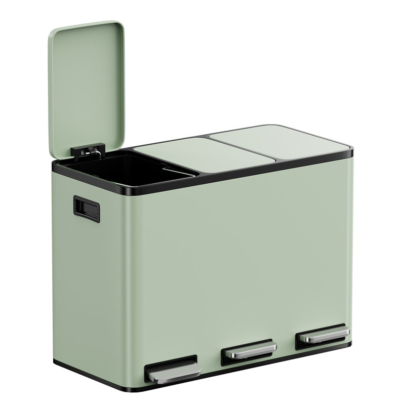 Stainless Steel 45 Litre Step On Multi-Compartments Trash & Recycling Bin, Green
