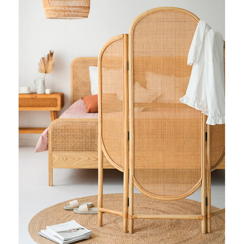 3 Panels Brown Solid Wood+Rattan Folding Room Divider