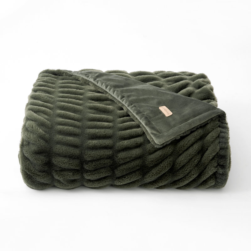 Jeté en fausse fourrure Ruched Bubble, Vert Loden, L 50 po x L 60 po