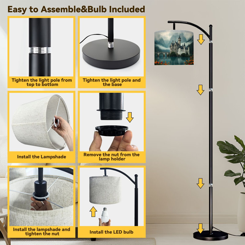 Arc Floor Lamp Fairytale Castle Surrounded by Misty Mountains Reflective Lake Floor Lamps with Remote LED Lights Adjustable Lamp Shades Tall Standing Lamps for Reading Office Living Room
