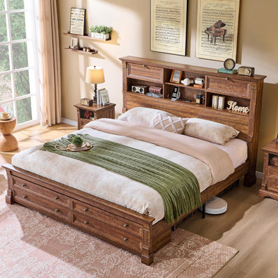 Farmhouse Storage King Bed Frame with 2 Underbed Drawers, Storage Headboard with 2 Bedside Drawers & Open Bookcase Shelves, Charging Station Included