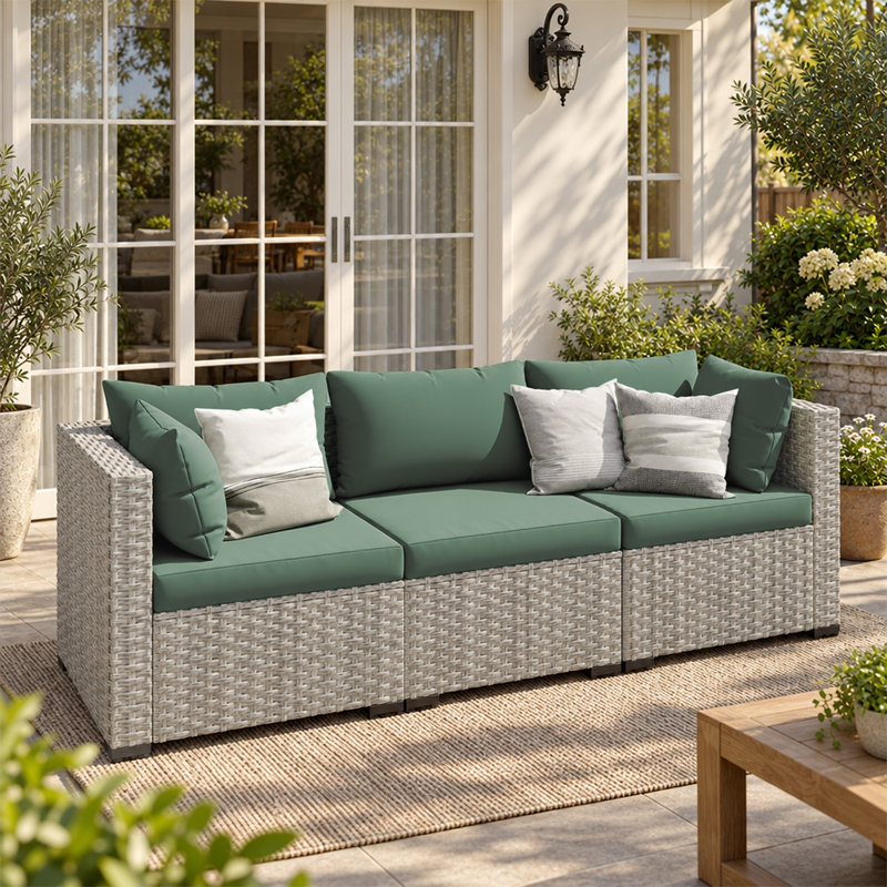 Ensemble de canapé extérieur en osier pour 3 personnes avec coussins, Green