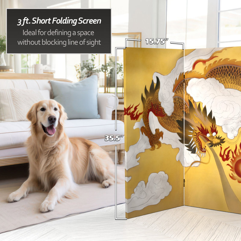 Keir 3 ft. Tall Folding Art Screen, Gold Dragon