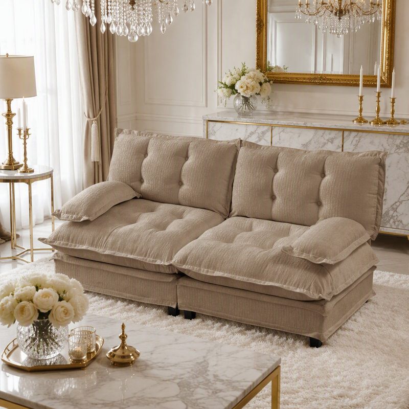 Canapé moderne deux places avec coussins à motifs ajourés, tissu chenille et design modulaire personnalisable pour salon et appartement